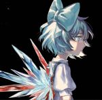  1girl :| black_background blood blood_on_clothes blue_bow blue_eyes blue_hair blue_ribbon blue_vest bow cirno closed_mouth crystal damenaito eyebrows_behind_hair from_side hair_bow hair_ribbon highres ice looking_afar ribbon shirt short_hair short_sleeves simple_background sleeve_cuffs solo touhou upper_body vest white_shirt 