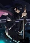  1boy bangs belt black_footwear black_hair black_headwear black_jacket black_pants cloak devil_summoner eyebrows_visible_through_hair full_body gakuran grey_eyes gun hat highres holding holding_sword holding_weapon holstered_weapon jacket konbanha06 kuzunoha_raidou long_sleeves male_focus pants school_uniform shako_cap shin_megami_tensei shoes short_hair sideburns solo sword weapon white_belt 