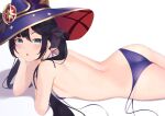  1girl ass bangs bare_back bikini black_hair black_ribbon breasts commentary earrings elbow_rest from_side genshin_impact green_eyes hair_ribbon hat highres jewelry light_blush long_hair looking_at_viewer lying medium_breasts mona_(genshin_impact) on_stomach open_mouth purple_bikini ribbon shadow shirafuji_ene side-tie_bikini sideboob simple_background solo star_(symbol) star_earrings swimsuit twintails untied untied_bikini white_background witch_hat 