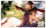  1girl ass black_headwear blue_eyes book breasts commentary english_commentary genshin_impact hat highres hu_dako long_hair lying medium_breasts mona_(genshin_impact) nude on_stomach patreon_username purple_hair sideboob solo thighs witch_hat 
