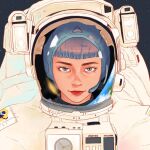  1girl astronaut bangs blunt_bangs earth_(planet) grey_eyes grey_hair looking_at_viewer mole mole_under_eye original planet portrait red_lips shouta_sanoda smile solo space space_helmet spacesuit 