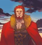  1boy armor bara beard breastplate cape cloud cloudy_sky facial_hair fate/zero fate_(series) halorane iskandar_(fate) leather male_focus mature_male muscular muscular_male pectoral_cleavage pectorals red_eyes red_hair sky smile 