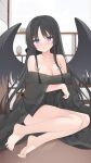  1girl bare_legs bare_shoulders barefoot black_hair black_kimono breasts cleavage feet hair_ornament highres japanese_clothes jyt kimono large_breasts long_hair looking_at_viewer off-shoulder_kimono original parted_lips purple_eyes sitting solo thighs very_long_hair wings 