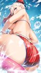  1girl absurdres american_flag_bikini artist_name ass back bangs banned_artist bare_shoulders belko bikini blue_eyes blue_ribbon blue_sky blush breasts bun_cover commentary dated fate/grand_order fate_(series) flag_print from_behind from_below hair_bun hair_ribbon highres large_breasts long_hair looking_at_viewer looking_back miyamoto_musashi_(fate) miyamoto_musashi_(swimsuit_berserker)_(fate) pink_hair ribbon side_bun sky solo swept_bangs swimsuit underboob water 