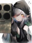  1girl ? ?? absurdres arknights cannon detached_sleeves eyebrows_visible_through_hair hair_between_eyes hair_over_one_eye highres holding_cannon hood looking_at_viewer medium_hair pointy_ears simple_background solo tab_head tomimi_(arknights) upper_body white_background white_hair yellow_eyes 