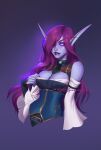  1girl artist_name artstation_username bare_shoulders belt belt_buckle biting breasts buckle cleavage colored_skin commission detached_sleeves dniseb elf english_commentary hair_over_one_eye highres lip_biting lip_piercing long_eyelashes long_hair looking_at_viewer medium_breasts night_elf_(warcraft) nose_piercing piercing pointy_ears purple_eyes purple_hair purple_skin solo teeth twitter_username upper_body warcraft watermark world_of_warcraft 