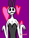  &lt;3 anthro arthropod blush breasts bunny_costume choker claws cleavage clothed clothing costume fake_ears fake_rabbit_ears female glowing_pupils grey_clothing heart_background hollow_eyes humanoid insect jewelry necklace playboy_bunny purple_background reboot37 signature simple_background solo tight_clothing tight_fit white_body 