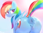 2022 absurd_res anus butt cutie_mark digital_media_(artwork) equid equine eyebrows eyelashes female feral friendship_is_magic genitals hasbro hi_res looking_back mammal multicolored_tail my_little_pony nozukznsfw pegasus puffy_anus pussy rainbow_dash_(mlp) rainbow_tail rear_view simple_background solo wings 