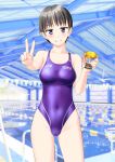  1girl absurdres black_hair breasts cameltoe clothes_writing collarbone commentary_request competition_swimsuit contrapposto covered_navel cowboy_shot grin highres holding holding_trophy indoors medium_breasts one-piece_swimsuit original pool purple_eyes purple_swimsuit short_hair smile solo string_of_flags swimsuit takafumi trophy v 