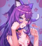  1girl absurdres alchemilla_menace animal_ears black_choker blush cat_ears cat_tail choker cyberlive english_commentary highres long_hair looking_at_viewer lunarisbloom paw_pose purple_eyes purple_hair simple_background solo tail 