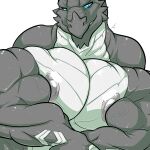  anthro big_muscles blue_eyes claws danandnite digital_media_(artwork) dominant dragon front_view grey_body grin hi_res huge_muscles hyper hyper_muscles kardukk kobold male multicolored_body muscular nipples pecs pose raised_claws reptile scalie shaded signature smile solo standing teeth two_tone_body white_body 