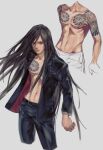  1boy absurdres alternate_costume bangs black_hair black_pants collarbone cropped_legs danganronpa_(series) danganronpa_2:_goodbye_despair grey_background highres jacket kamukura_izuru long_hair long_sleeves male_focus multiple_views navel no_shirt open_clothes open_jacket pants red_eyes red_jacket rei_(tdn_ng) shiny shiny_skin shoulder_tattoo simple_background tattoo two-sided_fabric 