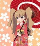  1girl :o aisaka_taiga bangs blush brown_eyes brown_hair commentary_request cowboy_shot floral_background floral_print gradient gradient_background hair_ribbon holding holding_umbrella japanese_clothes kimono long_hair long_sleeves looking_at_viewer lum10 oil-paper_umbrella orange_background parted_lips red_kimono red_ribbon red_umbrella ribbon solo standing toradora! twintails umbrella wide_sleeves yukata 