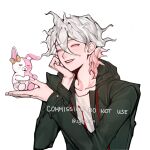  1boy ara_(syao_ra) artist_name bangs bow closed_eyes collarbone commission danganronpa_(series) danganronpa_2:_goodbye_despair diaper ear_bow green_jacket grey_hair hair_between_eyes highres holding jacket komaeda_nagito male_focus medium_hair messy_hair monomi_(danganronpa) open_clothes open_jacket orange_bow parted_lips shirt simple_background smile teeth upper_body watermark white_background 