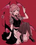  1girl :d arm_up bangs bat_wings black_legwear black_vest bright_pupils demon_tail earrings eyebrows_behind_hair fangs full_body garter_straps hair_between_eyes hand_up head_wings high_heels highres jewelry koakuma long_hair looking_at_viewer monochrome mozukuzu_(manukedori) necktie open_mouth puffy_short_sleeves puffy_sleeves red_background red_eyes red_hair red_necktie short_sleeves simple_background sitting smile solo tail thighhighs touhou v vest white_pupils wings 