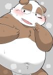  2022 anthro anvel balls barely_visible_balls barely_visible_genitalia belly black_nose blush bodily_fluids brown_body cum cum_on_hand gayousi7 genital_fluids genitals giant_panda hi_res kemono male mammal overweight overweight_male solo sweat ursid white_body 