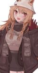  1girl :d arknights black_scarf blush braid brown_hair brown_jacket brown_skirt ceobe_(arknights) ceobe_(unfettered)_(arknights) chain cowboy_shot eyebrows_visible_through_hair fang gloves grey_shirt hand_up high-waist_skirt highres jacket long_hair looking_at_viewer mayuchi427 official_alternate_costume open_clothes open_jacket open_mouth red_eyes red_gloves scarf shirt side_braids simple_background skin_fang skirt smile solo waving white_background 