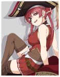  1girl absurdres bangs bare_shoulders black_eyepatch breasts crossed_legs eyepatch hair_ribbon hat highres hololive houshou_marine large_breasts leotard leotard_under_clothes open_mouth oshimaidebu pirate pirate_hat red_eyes red_hair ribbon see-through_leotard sideboob sitting solo thighhighs twintails virtual_youtuber 