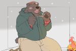  2022 anthro black_nose blush bottomwear brown_body brown_fur campfire clothing eating eyes_closed fire food fur hat headgear headwear humanoid_hands inunoshippo kemono male mammal outside overweight overweight_male pants sitting snow snowing solo sweater topwear ursid 