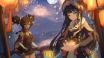  2girls absurdres bangs black_hair blunt_bangs bonnet capelet dark-skinned_female dark_skin dress fireworks flower genshin_impact highres lantern looking_at_viewer multiple_girls night night_sky pingdiguo sky smile twintails xinyan_(genshin_impact) yun_jin_(genshin_impact) 