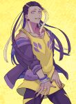  1boy black_nails bracelet cornrows dark-skinned_male dark_skin headset highres jacket jewelry long_hair male_focus multicolored_hair open_mouth personification pokemon purple_jacket saikachimushi shirt simple_background solo standing toxtricity yellow_background yellow_shirt 