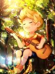  1boy :d blonde_hair blush character_request closed_eyes commentary copyright_name day fang forest guitar highres instrument kurorinamori lucas_(mother_3) male_focus mother_(game) mother_2 mother_3 music nature open_mouth outdoors playing_instrument short_hair sitting skin_fang sky smile socks solo tree 