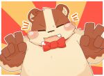  2022 5_fingers anthro badger biped black_nose blush bow_tie brown_body eyes_closed fingers hi_res humanoid_hands japanese_badger kemono mammal meles mustelid musteline portrait shibuya_2810 solo 