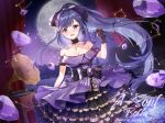  1girl :d a-soul amethyst_(gemstone) apple_caramel bangs bare_shoulders bella_(a-soul) black_bow black_gloves blue_flower blue_hair blue_rose blush bow breasts cleavage commentary_request constellation dress eyebrows_visible_through_hair flower gloves hair_ornament hand_up happy_birthday high_ponytail highres long_hair looking_at_viewer medium_breasts mole mole_under_eye off-shoulder_dress off_shoulder phonograph ponytail purple_dress purple_eyes rose smile solo star_(symbol) star_hair_ornament teeth upper_teeth very_long_hair virtual_youtuber 