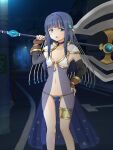  1girl armor ass_visible_through_thighs axe bangs bikini bikini_armor blue_dress blue_eyes blue_hair blunt_bangs breasts brown_gloves choker dress elbow_gloves fingerless_gloves gilcrows gloves groin hand_on_hip highres huge_weapon legs long_hair lowleg lowleg_bikini magia_record:_mahou_shoujo_madoka_magica_gaiden mahou_shoujo_madoka_magica metal_bikini nanami_yachiyo navel night open_clothes open_dress open_mouth outdoors pauldrons see-through shoulder_armor small_breasts solo swimsuit thigh_gap thighlet thighs weapon 