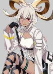  1girl animal_ears arknights bangs black_gloves black_skirt breasts carnelian_(arknights) cleavage closed_mouth coat dark-skinned_female dark_skin dated eyebrows_visible_through_hair gloves goat_ears goat_girl goat_horns grey_background horns infection_monitor_(arknights) leg_ribbon long_sleeves medium_breasts miniskirt nishi_juuji open_clothes open_coat red_eyes ribbon shirt short_hair silver_hair simple_background skirt smile solo thigh_strap underbust white_coat white_shirt 