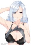  1girl :o amai-pai arm_behind_head arm_up armpits artist_name bangs bare_arms bare_shoulders black_bra blue_eyes bra camisole_lift collarbone eyebrows_visible_through_hair genshin_impact highres lifted_by_self long_hair looking_at_viewer parted_lips pixiv_id shenhe_(genshin_impact) silver_hair simple_background solo steaming_body sweat swept_bangs twitter_username underwear upper_body white_background 