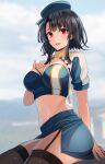  1girl alternate_costume bandeau beret black_hair black_legwear blue_bandeau blue_headwear blue_skirt blue_sky breasts cleavage cloud eyebrows_visible_through_hair garter_straps hair_between_eyes hand_on_own_chest hat highres kantai_collection kasumi_(skchkko) large_breasts looking_at_viewer navel open_mouth outdoors pencil_skirt race_queen red_eyes short_hair short_sleeves sitting skirt sky smile solo takao_(kancolle) thighhighs 