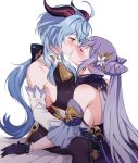  2girls ahoge bare_shoulders bell black_gloves blue_hair blush bodysuit breasts closed_eyes collarbone cowbell detached_sleeves earrings ganyu_(genshin_impact) genshin_impact gloves goat_horns hair_cones hair_ornament horns jewelry keqing_(genshin_impact) kiss long_hair looking_at_another medium_breasts multiple_girls negom purple_eyes purple_hair simple_background sitting twintails white_background yuri 