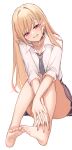  1girl absurdres bare_legs barefoot_sandals black_choker blonde_hair breasts choker collared_shirt convenient_leg ear_piercing eyebrows_visible_through_hair full_body grey_necktie grin highres kitagawa_marin knees_up long_hair looking_at_viewer miniskirt nagata_gata nail_polish necktie piercing pink_nails red_eyes red_nails shirt sitting skirt smile solo sono_bisque_doll_wa_koi_wo_suru toenail_polish toenails very_long_hair white_background white_shirt 