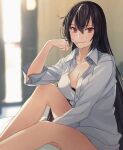  1girl black_bra black_hair bra breasts buttons cleavage closed_mouth collared_shirt eyebrows_visible_through_hair hair_between_eyes highres kantai_collection kasumi_(skchkko) large_breasts long_hair long_sleeves nagato_(kancolle) red_eyes shirt smile solo underwear white_shirt 