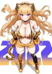  1girl 2022 animal_ears animal_hands animal_print bangs bikini black_choker blonde_hair blue_eyes boots breasts chinese_zodiac choker collarbone eyebrows_visible_through_hair fake_animal_ears full_body gloves hands_on_hips highres large_breasts lina_(michihasu) long_hair michihasu mismatched_bikini multicolored_eyes navel original paw_gloves print_bikini purple_eyes shorts simple_background solo standing striped striped_bikini swimsuit symbol-only_commentary tiger_ears tiger_print two_side_up vertical-striped_bikini vertical_stripes white_background year_of_the_tiger yellow_footwear yellow_shorts 