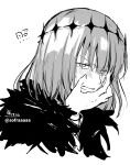  1boy absurdres bangs blush eyebrows_visible_through_hair fang fate/grand_order fate_(series) fur_trim greyscale hair_over_one_eye hand_up highres looking_at_viewer male_focus monochrome oberon_(fate) open_mouth signature simple_background sofra solo spoilers translation_request twitter_username v-shaped_eyebrows white_background 