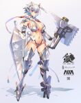  1girl armor bikini_armor breasts closed_mouth commentary_request full_body gradient gradient_background grey_background hammer highres holding holding_hammer holding_shield holding_weapon large_breasts looking_at_viewer navel original pink_eyes shadow shield shiny shiny_hair solo standing takamine_nadare weapon white_hair 