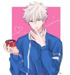  1boy blue_eyes blue_shirt box box_of_chocolates chocolate chocolate_on_face finger_to_mouth food food_on_face headphones headphones_around_neck heart highres holding holding_box long_sleeves looking_at_viewer lu_guang male_focus mr_yheu pink_background shiguang_dailiren shirt short_hair simple_background solo valentine white_background white_hair 
