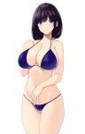  1girl absurdres bangs bare_arms bare_legs bikini black_hair breasts cleavage closed_mouth collarbone commentary cowboy_shot eyebrows_visible_through_hair highres large_breasts looking_at_viewer marui_koishi medium_hair navel original purple_bikini purple_eyes simple_background smile solo standing stomach swimsuit white_background 