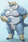  2021 absurd_res anthro anthrofied balls belly blue_body dudebulge facial_hair genitals hi_res humanoid_genitalia humanoid_hands humanoid_penis male mature_male moobs mustache navel nintendo nipples overweight overweight_male penis pok&eacute;mon pok&eacute;mon_(species) pubes samurott simple_background solo video_games 