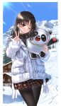  2022_beijing_winter_olympics bing_dwen_dwen bottomwear clothed clothing day detailed_background duo female feral giant_panda hi_res human legwear light mammal mountain olympics size_difference skirt smile snow sunlight unknown_artist ursid winter 