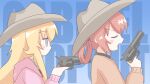  2girls artist_request bangs blonde_hair blue_eyes blush brown_headwear closed_eyes commentary_request copyright_name cowboy_hat eyebrows_visible_through_hair from_side gabriel_dropout gabriel_tenma_white gun hair_rings hat highres holding holding_gun holding_weapon long_hair long_sleeves looking_at_another multiple_girls open_mouth orange_sweater pink_sweater pointing_at_another profile red_hair satanichia_kurumizawa_mcdowell sweater weapon 