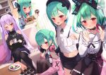 5girls :d ;) bangs black_headwear black_ribbon blue_hair blush butterfly_hair_ornament closed_mouth double_bun ear_piercing eyebrows_visible_through_hair green_hair hair_ornament hair_ribbon hat highres hololive long_hair looking_at_viewer multicolored_hair multiple_girls multiple_persona one_eye_closed piercing red_eyes ribbon saki_(saki_paint) short_hair smile streaked_hair two_side_up uruha_rushia very_long_hair virtual_youtuber 
