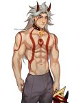  1boy absurdres arataki_itto bare_shoulders blush breasts genshin_impact highres large_breasts long_hair looking_at_viewer male_focus nipples pectorals simple_background solo topless_male white_background white_hair 