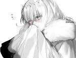  1boy absurdres bangs blush breath cloak eyebrows_visible_through_hair fate/grand_order fate_(series) fur-trimmed_cloak fur_trim greyscale hair_over_eyes highres male_focus monochrome oberon_(fate) open_mouth signature simple_background sofra solo translated twitter_username white_background 