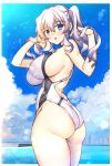  1girl ass blue_eyes blue_sky breasts cloud competition_swimsuit cowboy_shot day from_behind highres kantai_collection kashima_(kancolle) large_breasts looking_at_viewer looking_back ocean one-piece_swimsuit outdoors shirokuma_a sideboob sidelocks silver_hair sky solo standing swimsuit twintails wavy_hair white_swimsuit 