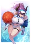  1girl ;d absurdres arknights ball bangs bare_shoulders beachball bikini black_gloves blue_jacket bottle breasts commentary_request fingerless_gloves foot_out_of_frame gloves hair_between_eyes highres holding holding_ball horns jacket large_breasts long_sleeves looking_at_viewer navel off_shoulder one_eye_closed open_clothes open_jacket purple_hair sakazu_mekasuke sandals short_hair sideroca_(arknights) sideroca_(light_breeze)_(arknights) smile solo stomach swimsuit thigh_strap thighs water_drop white_bikini white_footwear yellow_eyes 