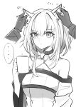  ... 1girl 1other animal_ear_fluff animal_ears arknights bangs bare_shoulders blush breasts cat_ears cleavage closed_mouth coffee_mug collarbone cup doctor_(arknights) ear_fondling expressionless eyebrows_visible_through_hair greyscale highres holding holding_cup kal&#039;tsit_(arknights) long_sleeves medium_breasts monochrome motion_lines mug shino_duka short_hair simple_background upper_body white_background wide_sleeves 