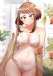  1girl bangs boku_no_hero_academia bra breasts brown_eyes brown_hair cleavage closed_mouth day food fruit highres leaf medium_breasts navel off_shoulder outdoors panties sidelocks slight_smile solo standing underwear uraraka_ochako white_bra white_panties zd_(pixiv6210083) 